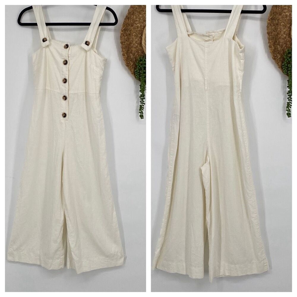 Topshop UK Linen Blend Jumpsuit Romper Wide Leg Cropped  Boho Cream Size US‎ 4